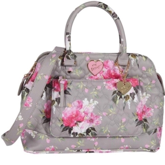 Betsey Johnson Handbags - Betsey Johnson gray and pink floral print quilted satchel with crossbody strap
